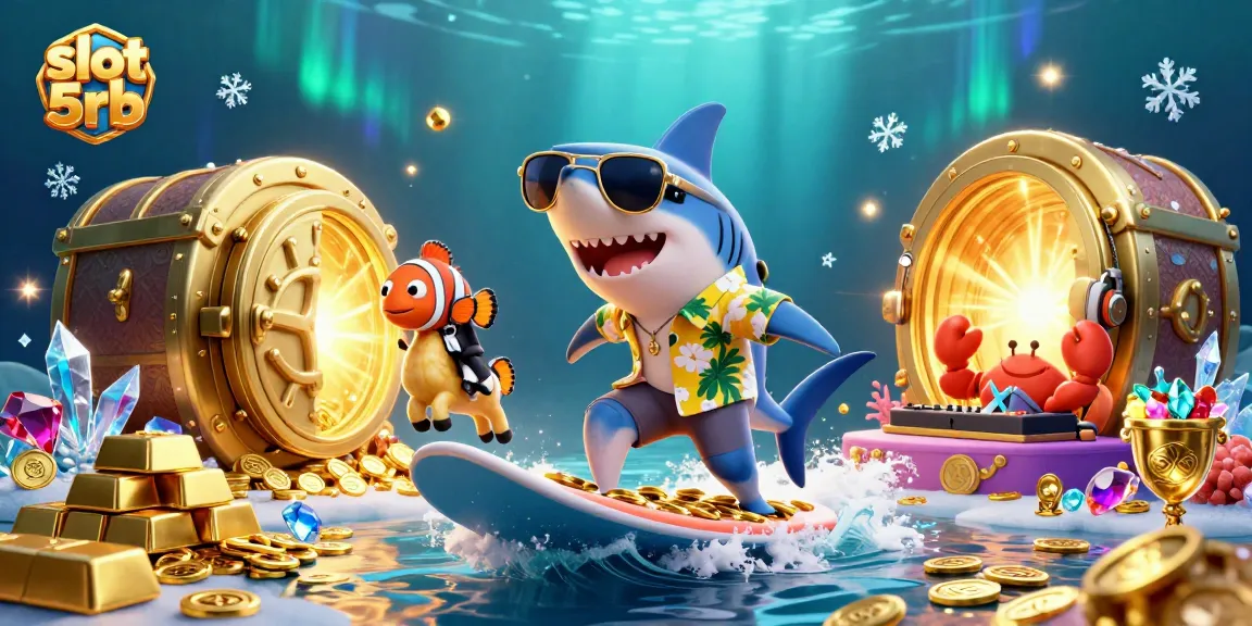 Experience the thrill of slot 5rb as a shark surfs on gold coins with a clownfish and crab DJ.