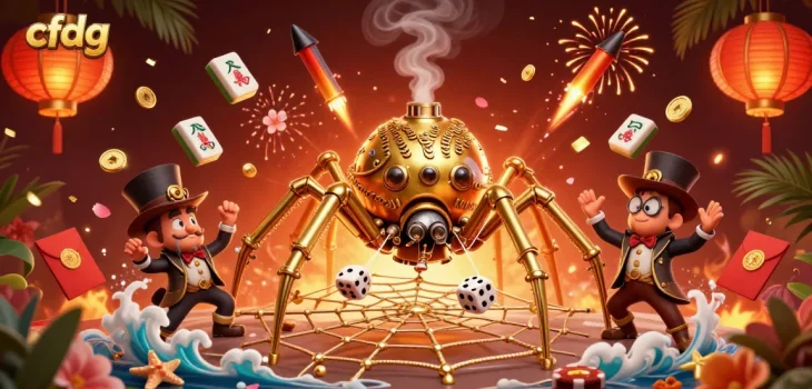 Engage with cfdg's thrilling games, featuring a steampunk spider and vibrant symbols of fortune.