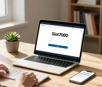 User engaging with Slot7000 application on laptop, showcasing modern home workspace.