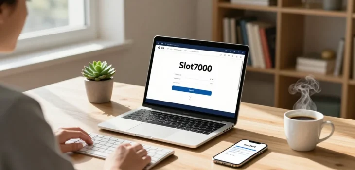 User engaging with Slot7000 application on laptop, showcasing modern home workspace.