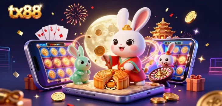 Experience tx88's festive casino scene with a moon rabbit revealing poker chips.