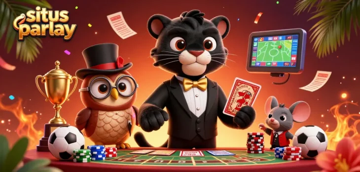 Engage in situs parlay with a stylish panther dealer, owl with chips, and lucky mouse at a sports betting scene.
