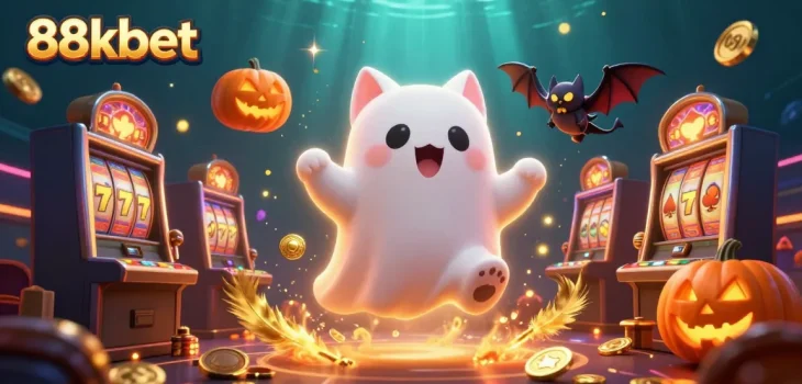 Engage with thrilling 88kbet gaming action in a vibrant casino scene with ghost cat characters.