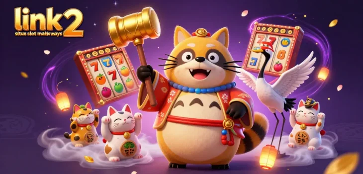 Engage with link situs slot mahjong ways 2, featuring dynamic casino elements and cheerful characters in a vibrant 3D illustration.