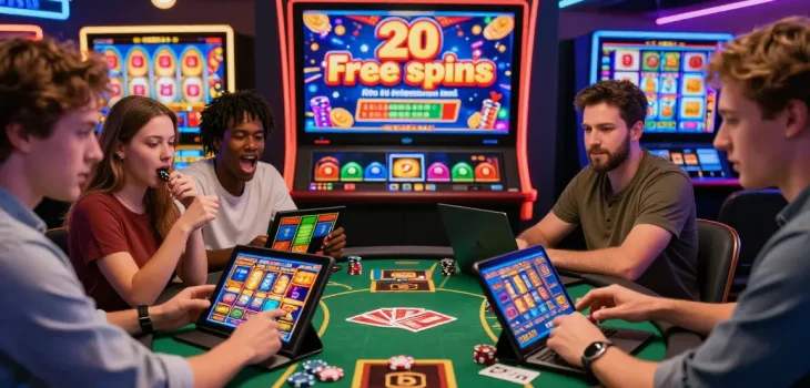 Experience thrilling free spins on registration UK with diverse players enjoying vibrant online slot games in an exciting casino environment.
