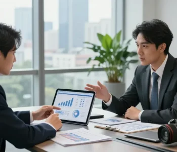 What is a merchant cash advance presentation in a modern office, showcasing professionals discussing financial strategies.