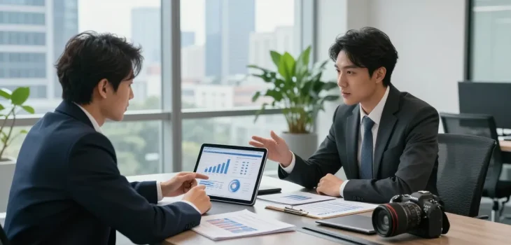 What is a merchant cash advance presentation in a modern office, showcasing professionals discussing financial strategies.