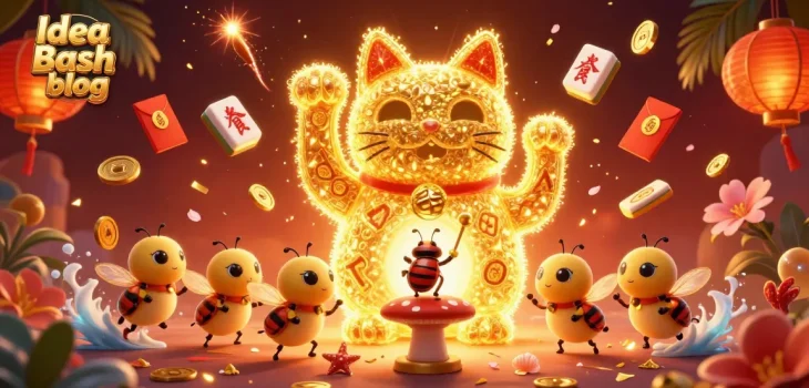 Engage with the vibrant world of casino gaming at Idea Bash blog featuring a golden lucky cat and dynamic symbols.