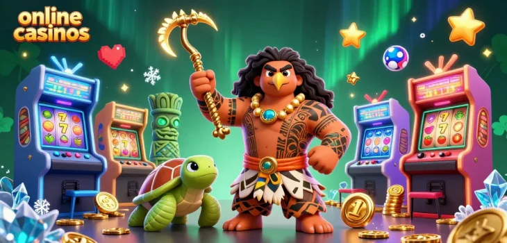 Engage with online casinos in this vivid 3D illustration showcasing gambling elements and lively characters.