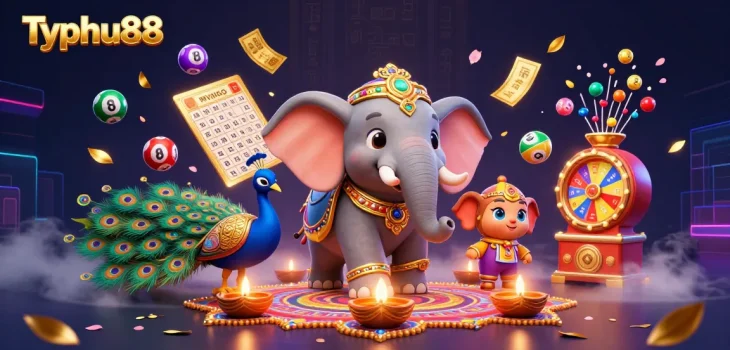 Experience the excitement of Typhu88 with vibrant lottery elements and festive characters.