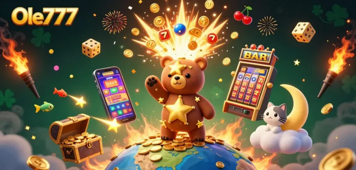 Experience excitement at Ole777 with a colorful 3D scene of a constellation bear, jackpot symbols, and dynamic casino elements.