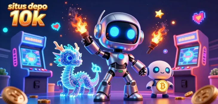 Situs depo 10k showcases a vibrant scene with a cyberpunk robot and an AI dragon amid thrilling gaming elements.