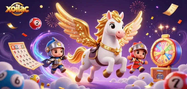 Xoilac captures excitement with a celestial knight riding a winged horse amidst lottery elements.