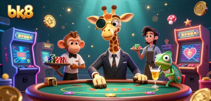 Experience the thrill of bk8 with a high-roller giraffe at a vibrant casino scene.