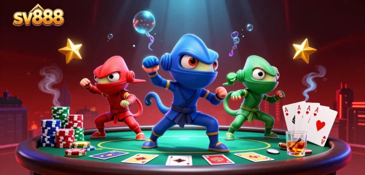 sv888 chameleons illustrate high-stakes poker gameplay in vibrant stylized 3D.